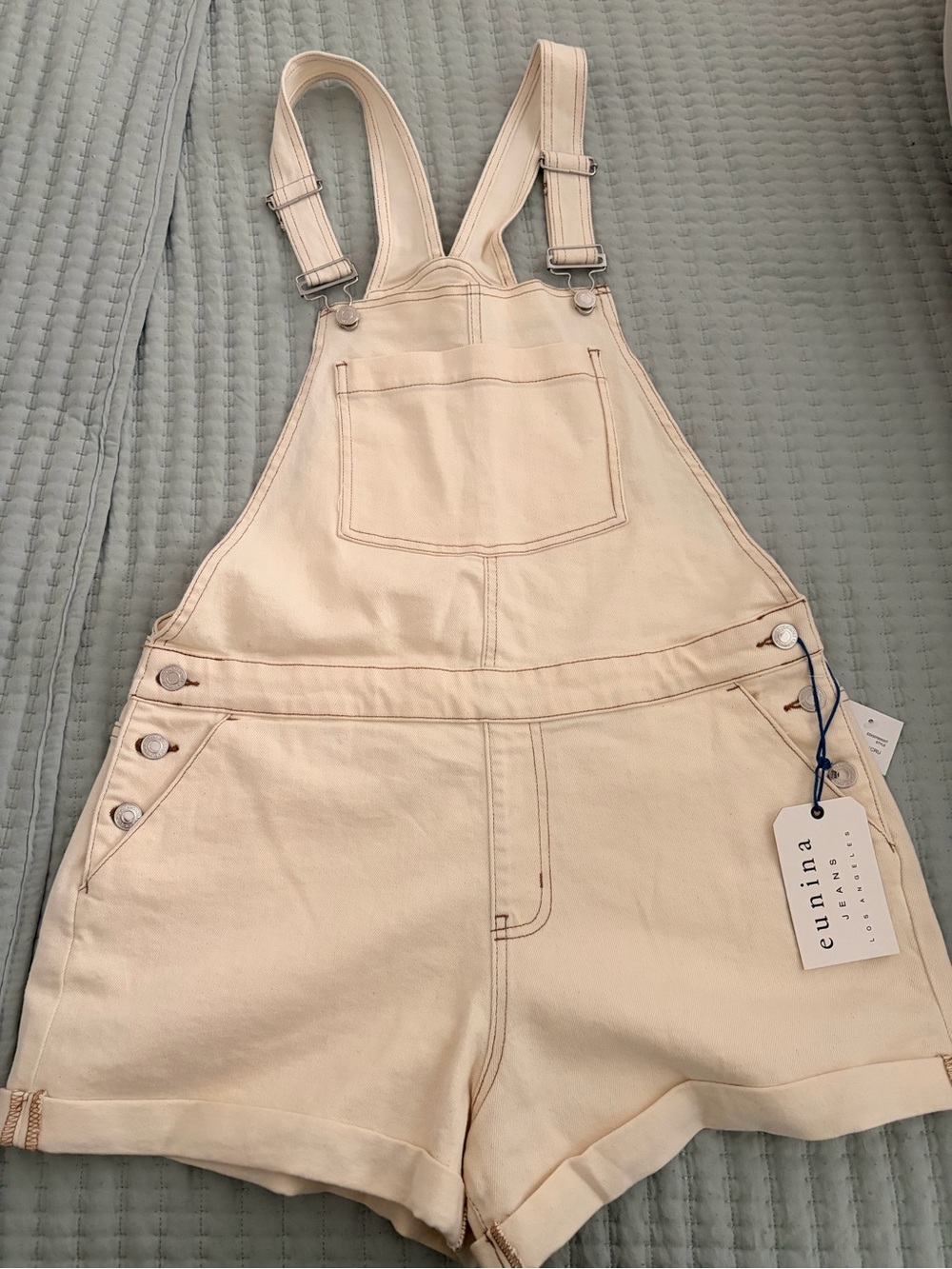 eunina Cream Short Denim Overalls